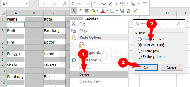 Delete Shift Cells Up Excel