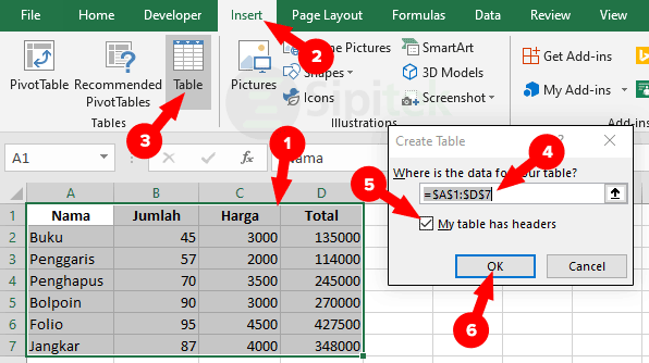 Insert Table Excel
